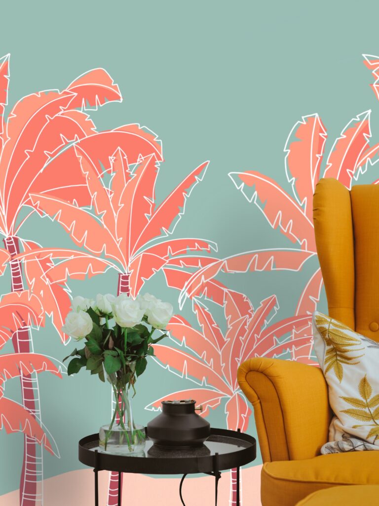 palm tree wallpaper with mustard chair